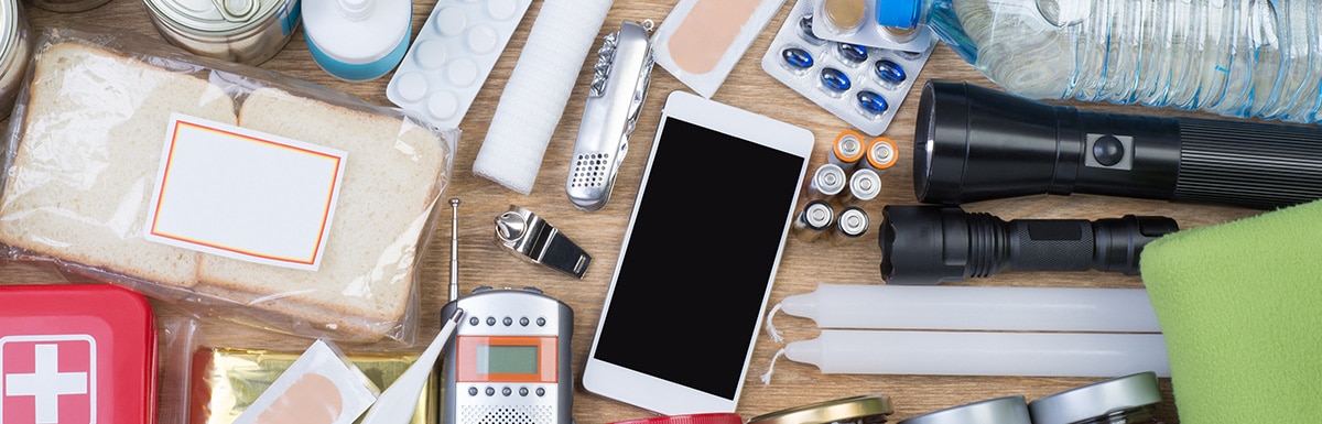 Objects useful in emergency situations such as a mobile phone, torch and food